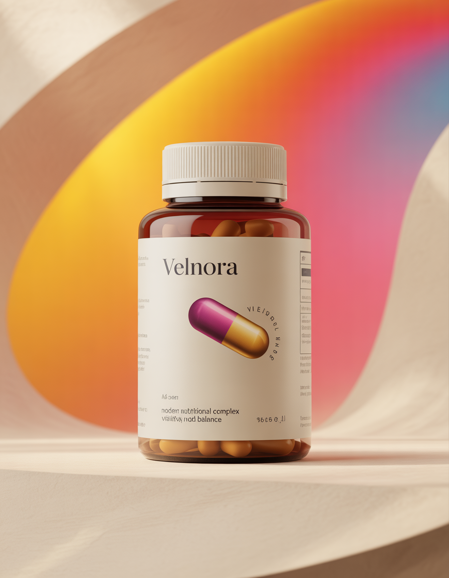 Velnora nutritional supplement bottle with gradient design